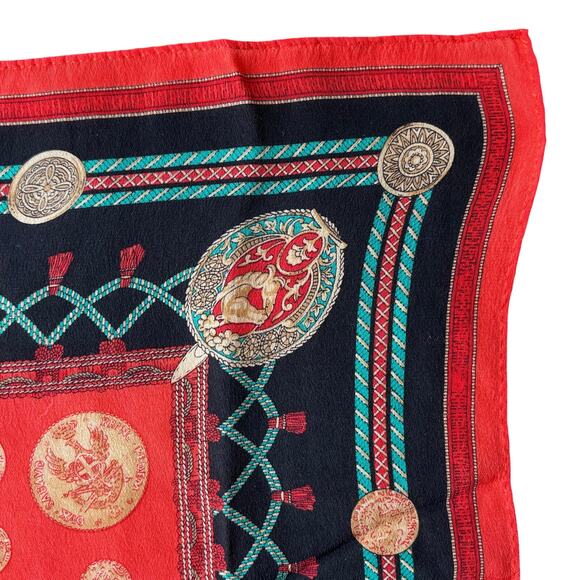 Elaine Gold designer silk scarf 1980’s orange gold coins medallions 29” square - Picture 3 of 9